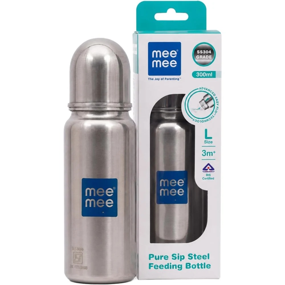 Mee Mee Stainless Steel Baby Feeding Bottle 300ml, Anti-Colic Valve, Soft Silicone Teat, Wide Neck, BPA-Free, 0-2 Years - MME-551731L1
