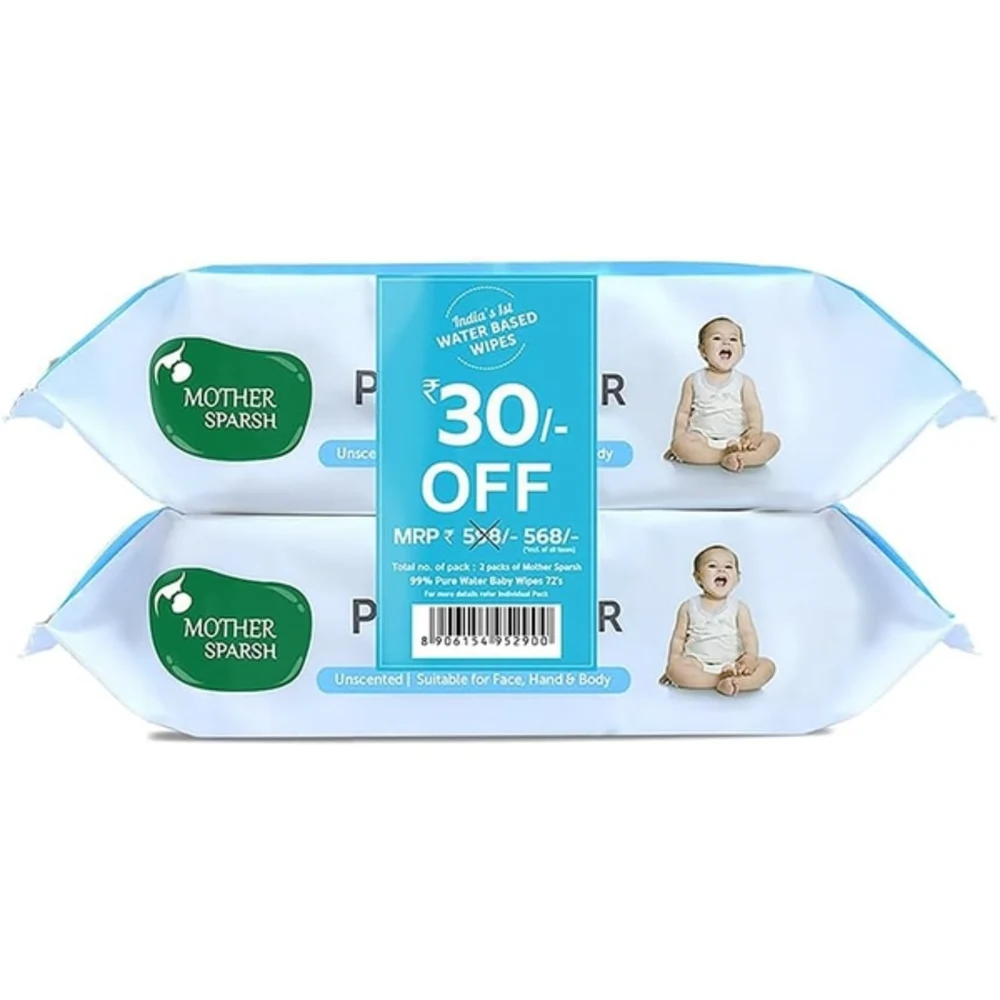 Mother Sparsh 99 Percent Pure Water Baby Wipes, Unscented, Plant-Made Super Thick Cloth, Gentle for Newborns, 72 Pcs x 2 Packs - MSH-149343L1