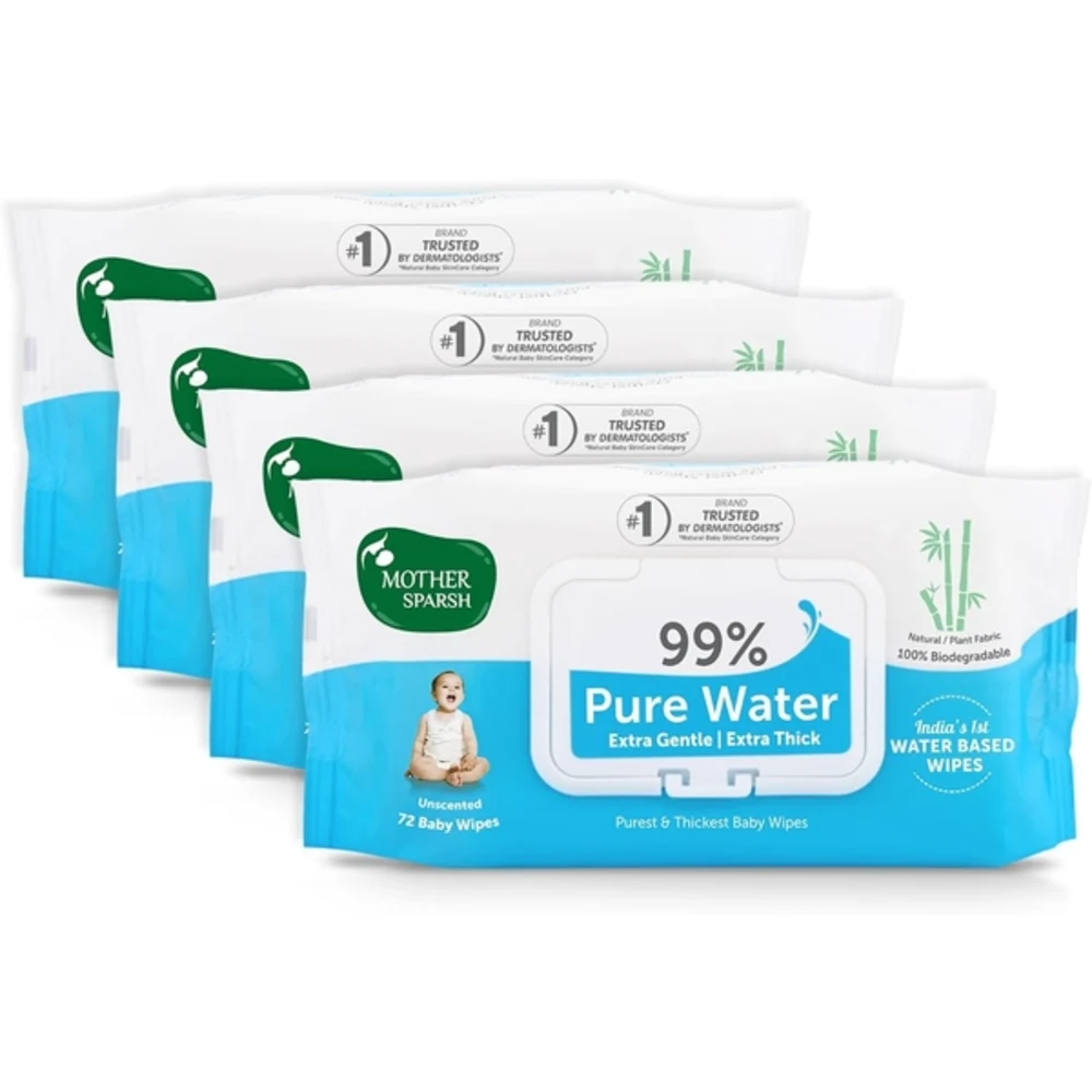 Mother Sparsh 99 Percent Pure Water Baby Wipes, Unscented, Plant-Made Super Thick Cloth, Gentle for Newborns, 72 Pcs x 4 Packs, Blue - MSH-149343L3
