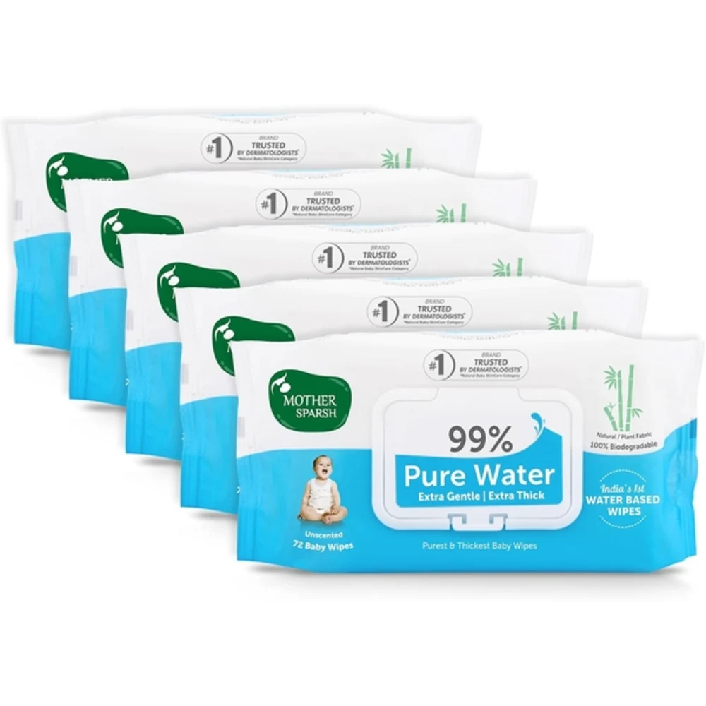 Mother Sparsh 99 Percent Pure Water Baby Wipes, Unscented, Plant-Made Super Thick Cloth, Gentle for Newborns, 72 Pcs x 5 Packs - MSH-149343L4