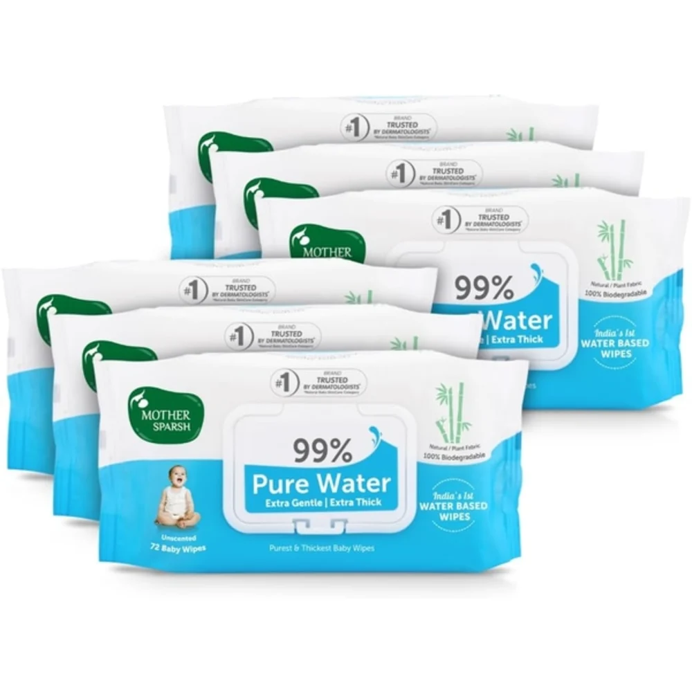 Mother Sparsh 99 Percent Pure Water Baby Wipes, Unscented, Plant-Made Super Thick Cloth, Gentle for Newborns, 72 Pcs x 6 Packs, White - MSH-149343L5