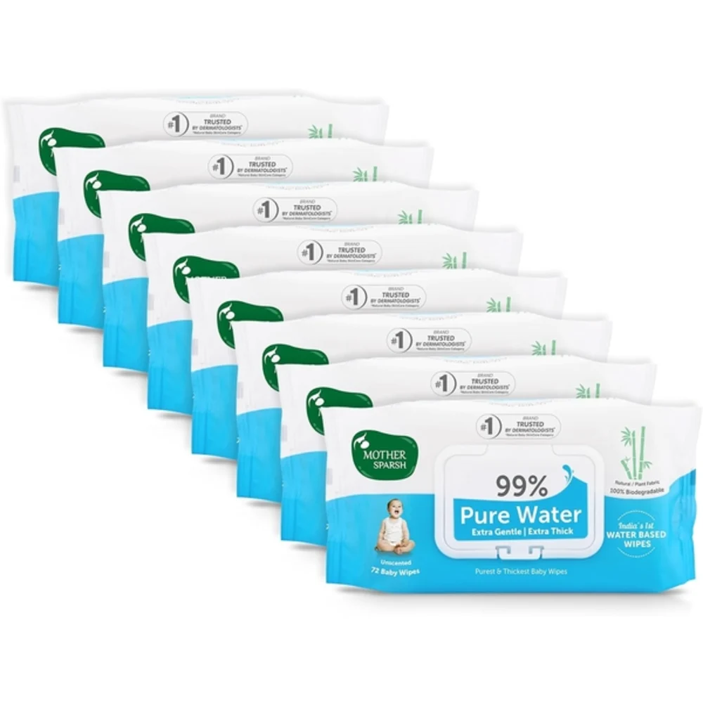 Mother Sparsh 99 Percent Pure Water Baby Wipes, Unscented, Plant-Made Super Thick Cloth, Gentle for Newborns, 72 Pcs x 8 Packs - MSH-149343L6