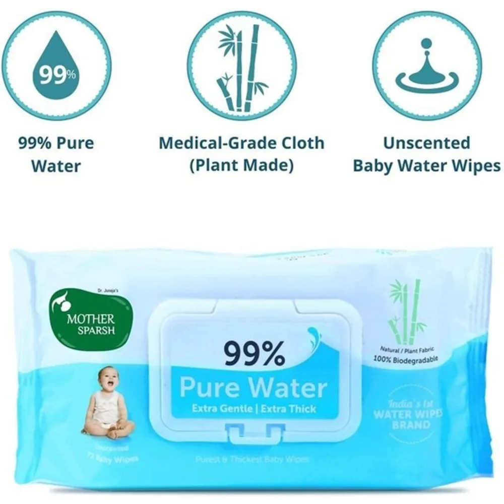 Mother Sparsh 99 Percent Pure Water Baby Wipes, Unscented, Plant-Made Super Thick Cloth, Gentle for Newborns, 72 Pcs x 8 Packs - MSH-149343L6 - Image 5