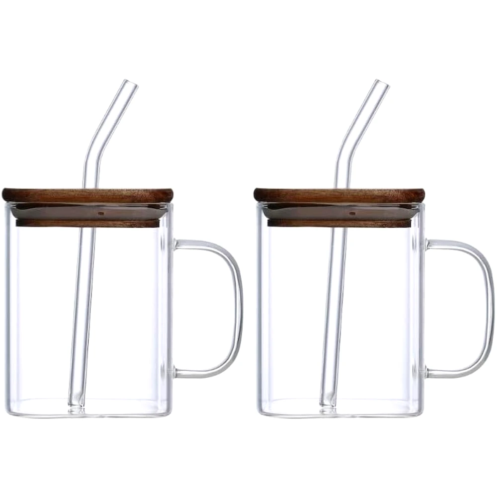 Neoflam Borosilicate Glass Mug Set of 2, 480ml Heat-Resistant Coffee & Tea Cups, Clear Glass Mugs with Handle, Hot & Cold Drinks, Clear - DTC8148HB