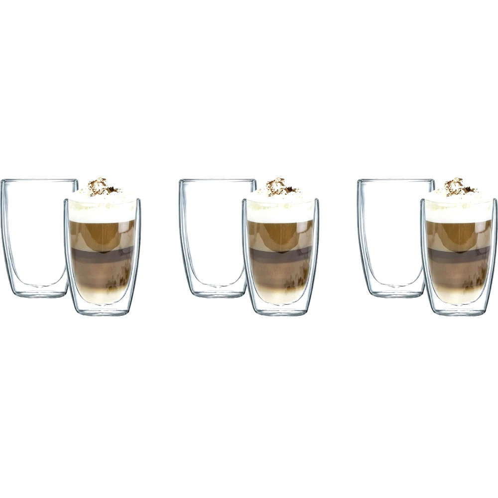 Neoflam Double Wall Glass Mugs Set of 6, 280ml Thermal Insulated Borosilicate Coffee & Tea Cups, Hand-Blown, for Espresso, Latte & Cappuccino, Clear - DTC2328