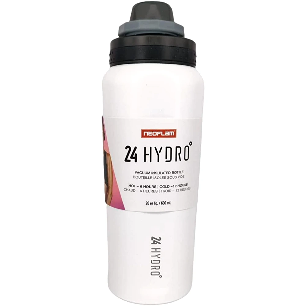 Neoflam Double Wall Stainless Steel Water Bottle, Vacuum Insulated Sports Flask, Airtight Locking Lid, Wide Mouth, Hot & Cold, White - HP-HS-S60-W