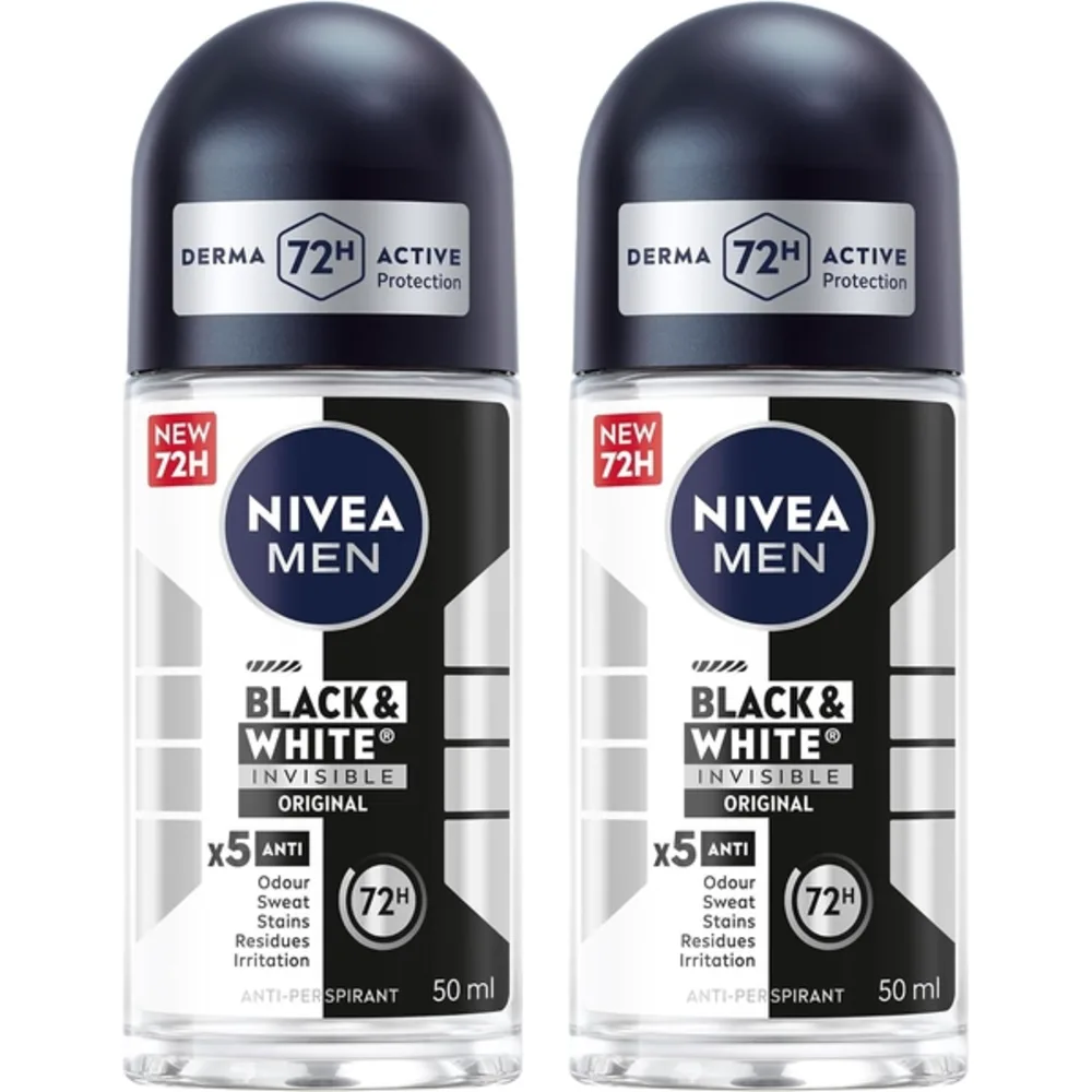 Nivea Men Black & White Invisible Original Antiperspirant Roll-On, Anti White Marks & Yellow Stains, 72 Hour, 2 x 50ml - NIV-088185L2
