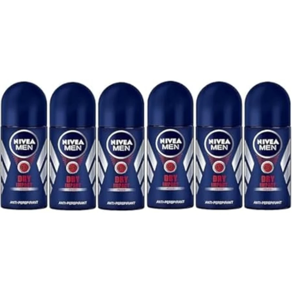 Nivea Men Dry Impact Antiperspirant Deodorant Roll-On, 48 Hour Dry Protection, Avocado Oil, Alcohol-Free, 50ml, Pack of 6 - NIV-088413L4