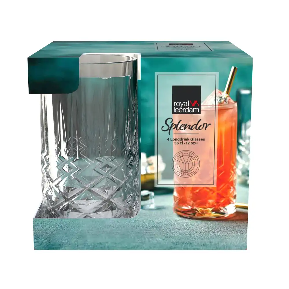 Royal Leerdam Splendor Highball Glass Set of 4, 360ml Embossed Tumblers, Thick Base, Lead-Free, Dishwasher Safe Drinking Glasses, Clear - 540512 - Image 3