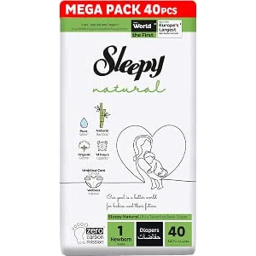 Sleepy Natural Baby Diapers Size 1 Newborn, 2-5kg, Organic Cotton & Bamboo Extract, Hypoallergenic, Leakage Protection, 40 Count - SLP-ND0001V1