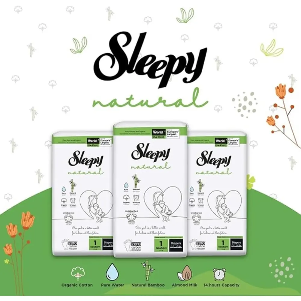 Sleepy Natural Baby Diapers Size 1 Newborn, 2-5kg, Organic Cotton & Bamboo Extract, Hypoallergenic, Leakage Protection, 40 Count - SLP-ND0001V1 - Image 3