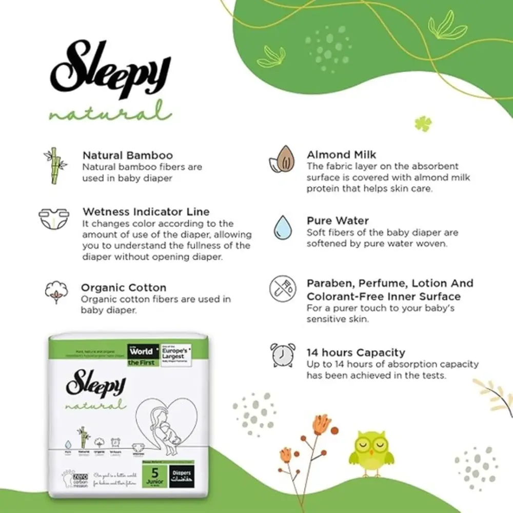 Sleepy Natural Baby Diapers Size 5, 11-18kg, Organic Cotton & Bamboo Extract, Hypoallergenic, Leakage Protection, 96 Count - SLP-ND0005V2 - Image 3