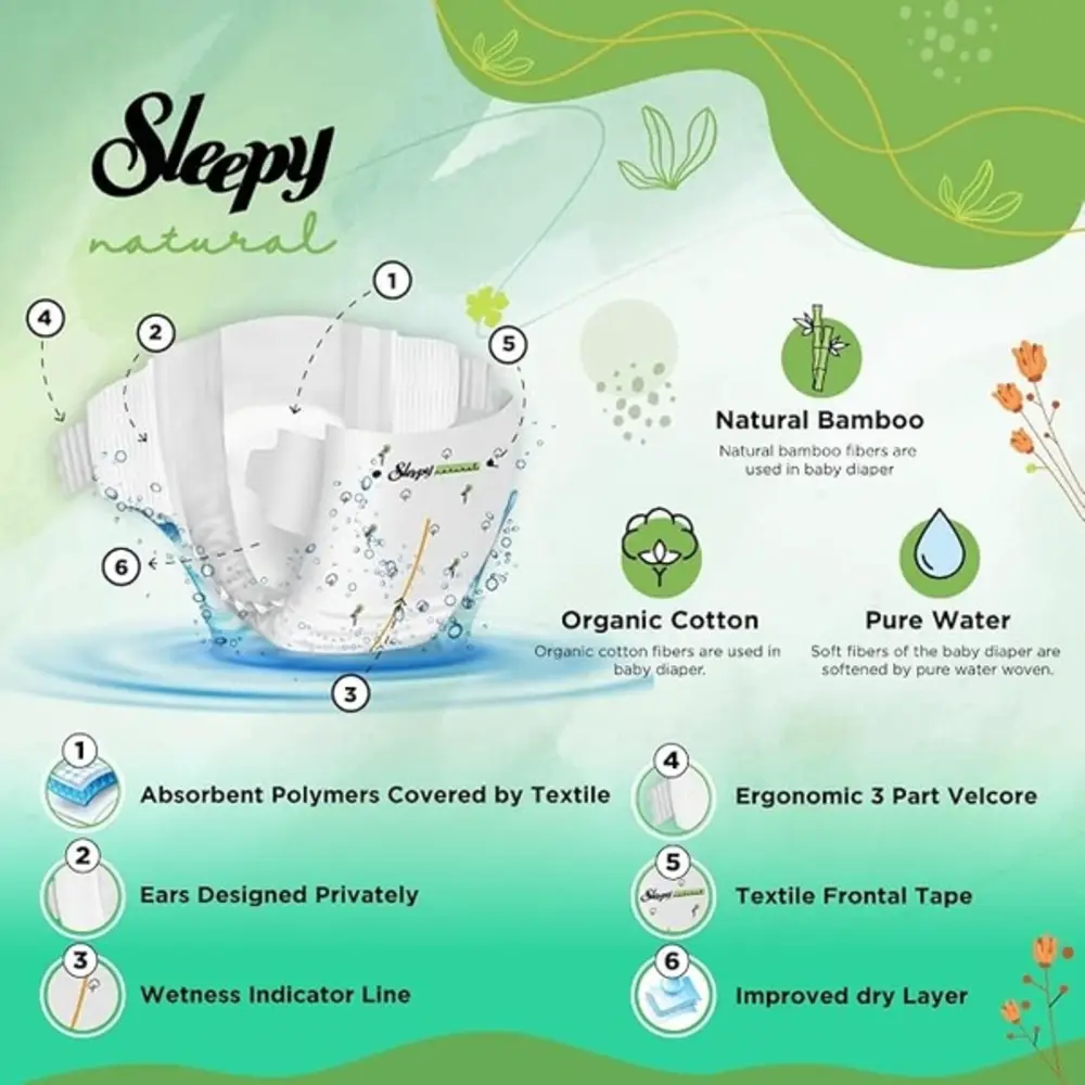 Sleepy Natural Baby Diapers Size 5, 11-18kg, Organic Cotton & Bamboo Extract, Hypoallergenic, Leakage Protection, 96 Count - SLP-ND0005V2 - Image 4