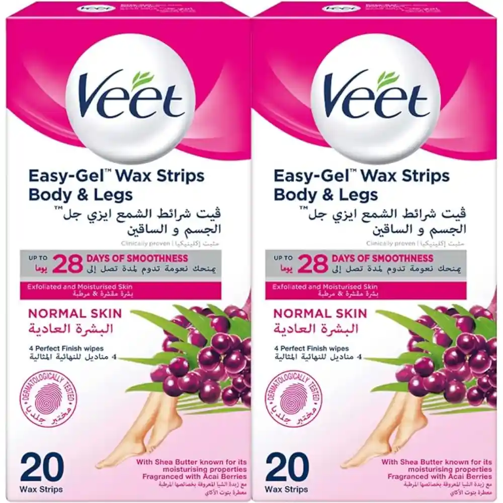 Veet Easy-Gel Wax Strips Body & Legs for Normal Skin, Shea Butter & Acai Berry Scent, 40 Strips Twin Pack - VET-389668l3