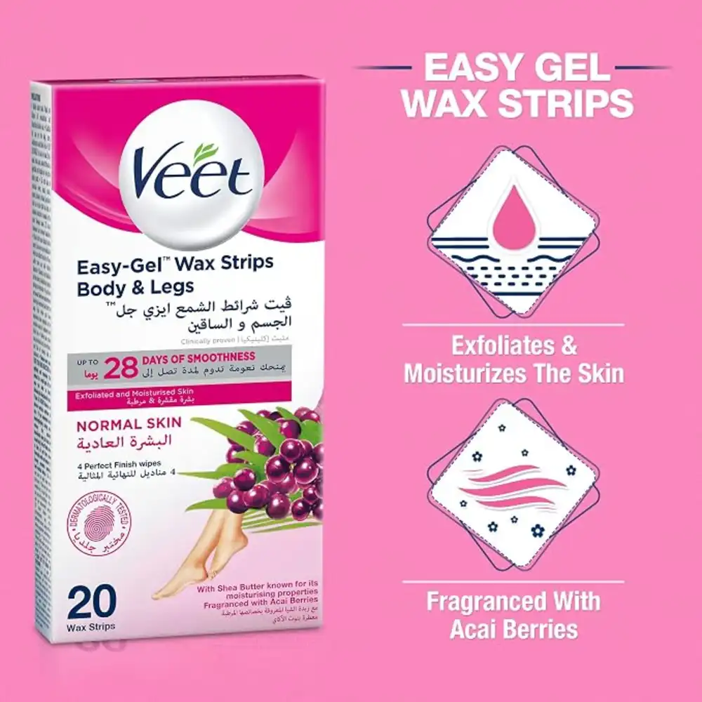 Veet Easy-Gel Wax Strips Body & Legs for Normal Skin, Shea Butter & Acai Berry Scent, 40 Strips Twin Pack - VET-389668l3 - Image 3