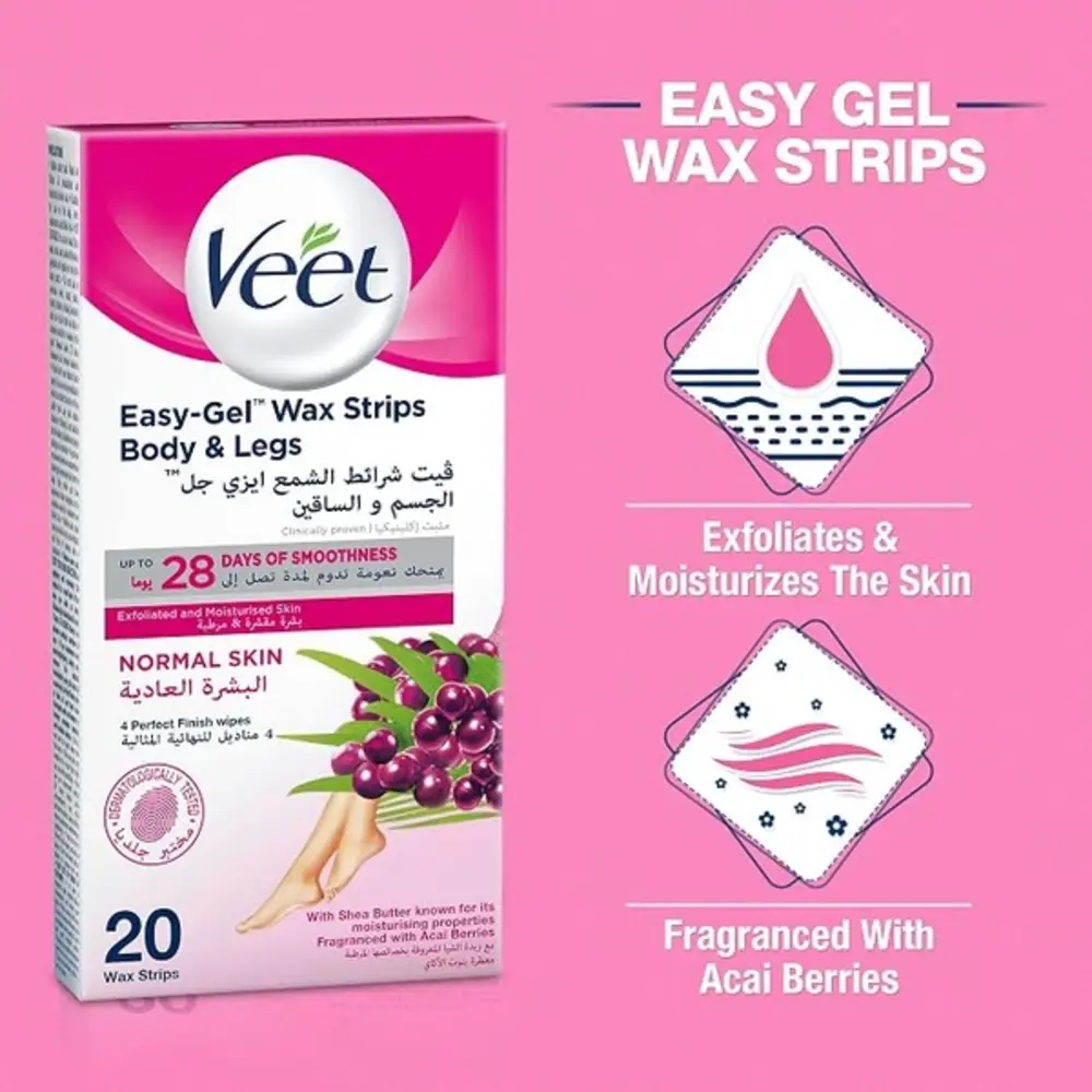 Veet Full Body Waxing Kit for Normal Skin, Ready-to-Use Wax Strips, At-Home Hair Removal, 20 Strips, Pack of 3 - VET-389668L2 - Image 3