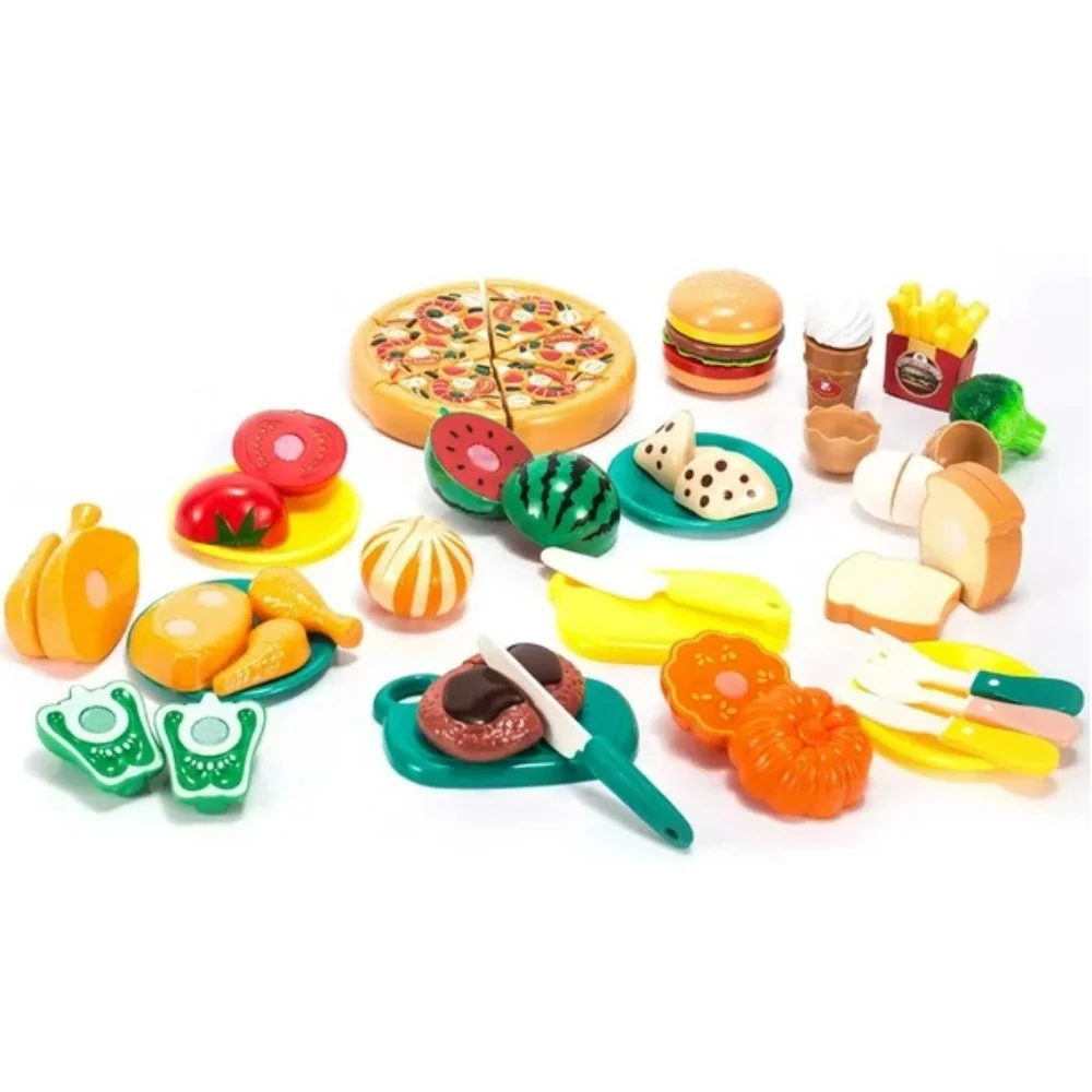 Little Angel Kids 26-Piece Fruit, Vegetable and Play Food Basket Toy Set with Pretend Knife, Plates and Chopping Board - BC8015 - Image 2