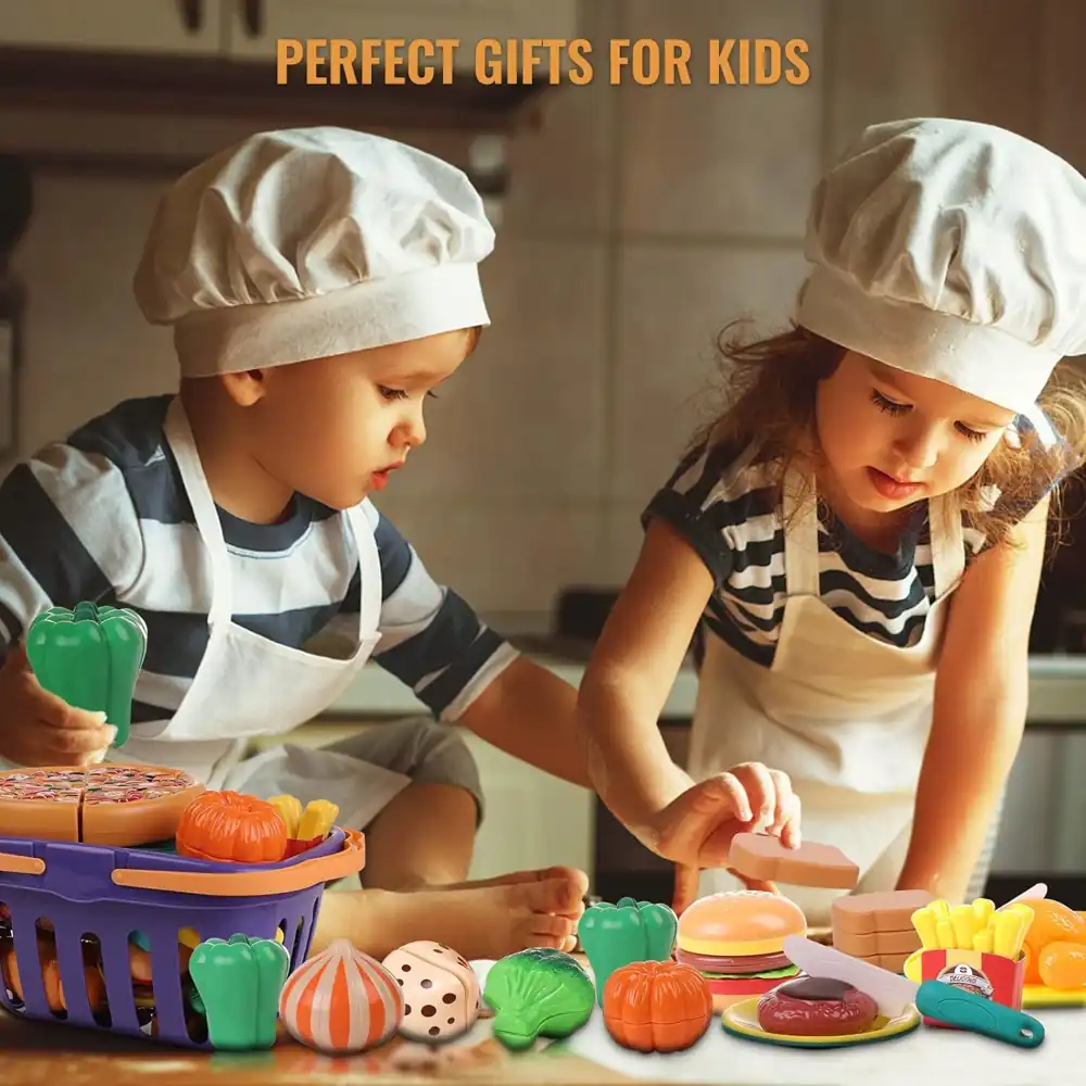 Little Angel Kids 26-Piece Fruit, Vegetable and Play Food Basket Toy Set with Pretend Knife, Plates and Chopping Board - BC8015 - Image 6