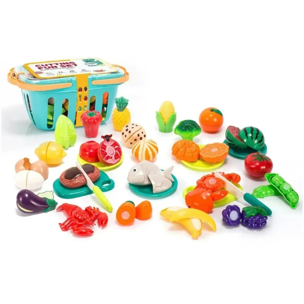 Little Angel Kids 33-Piece Fruit and Vegetable Basket Toy Set with Pretend Knife, Plates and Chopping Board for Food Role Play - BC8016