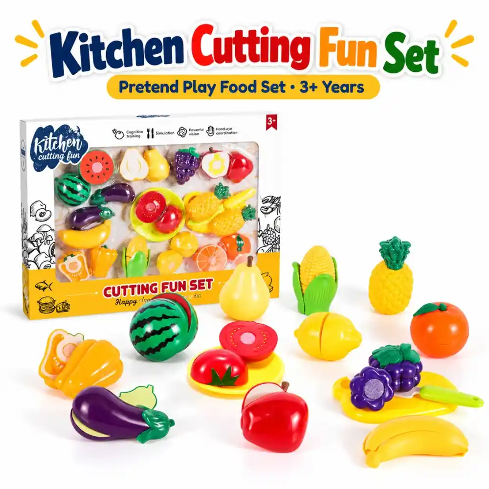 Little Angel Kids Fruit and Vegetable Cutting Toy Set with Pretend Knife, Plate and Chopping Board for Kitchen Role Play - BC8038