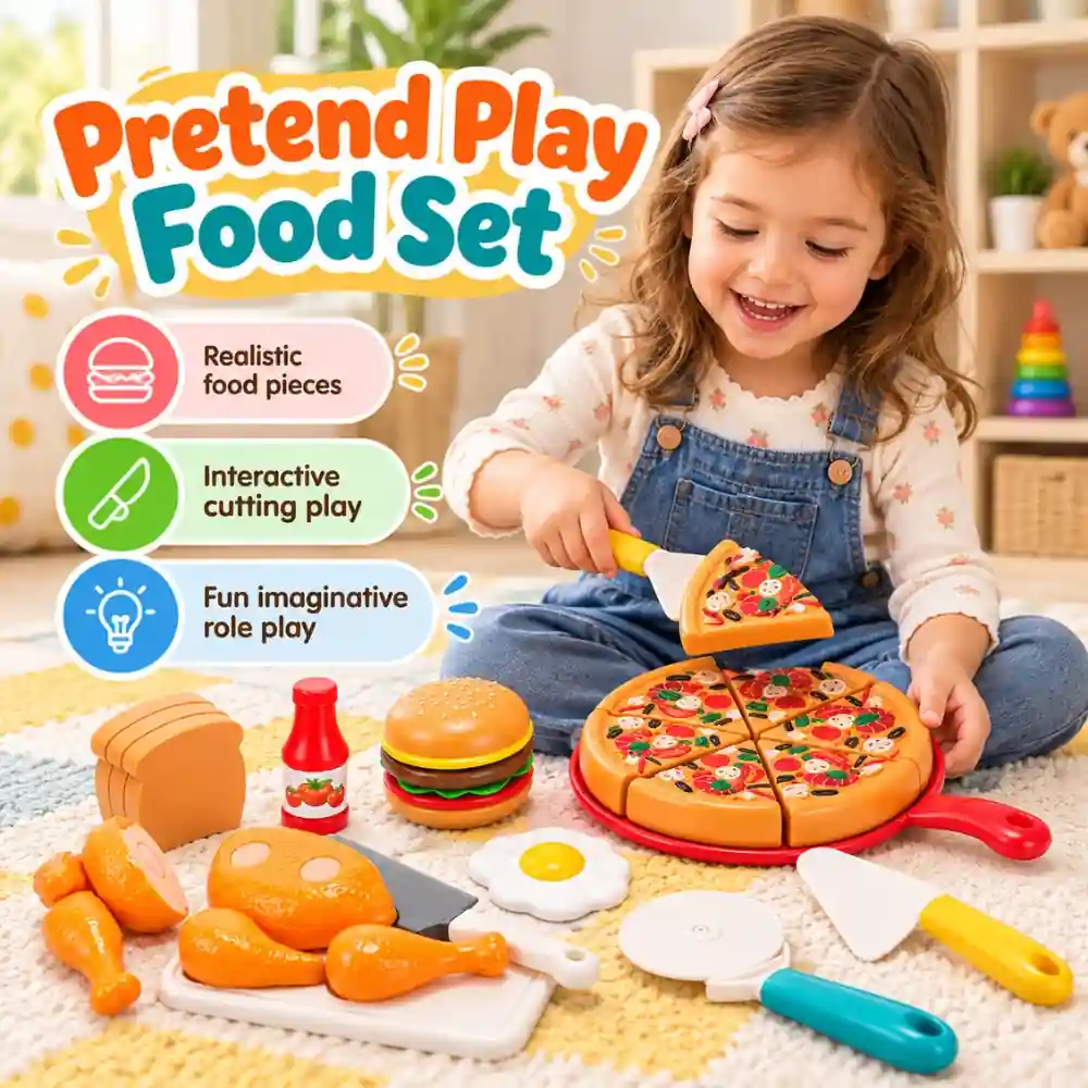 Little Angel Kids Kitchen Fun Cutting Play Food Toy Set with Pretend Knife, Plate, Chopping Board and Fast Food Pieces - BC8040 - Image 2