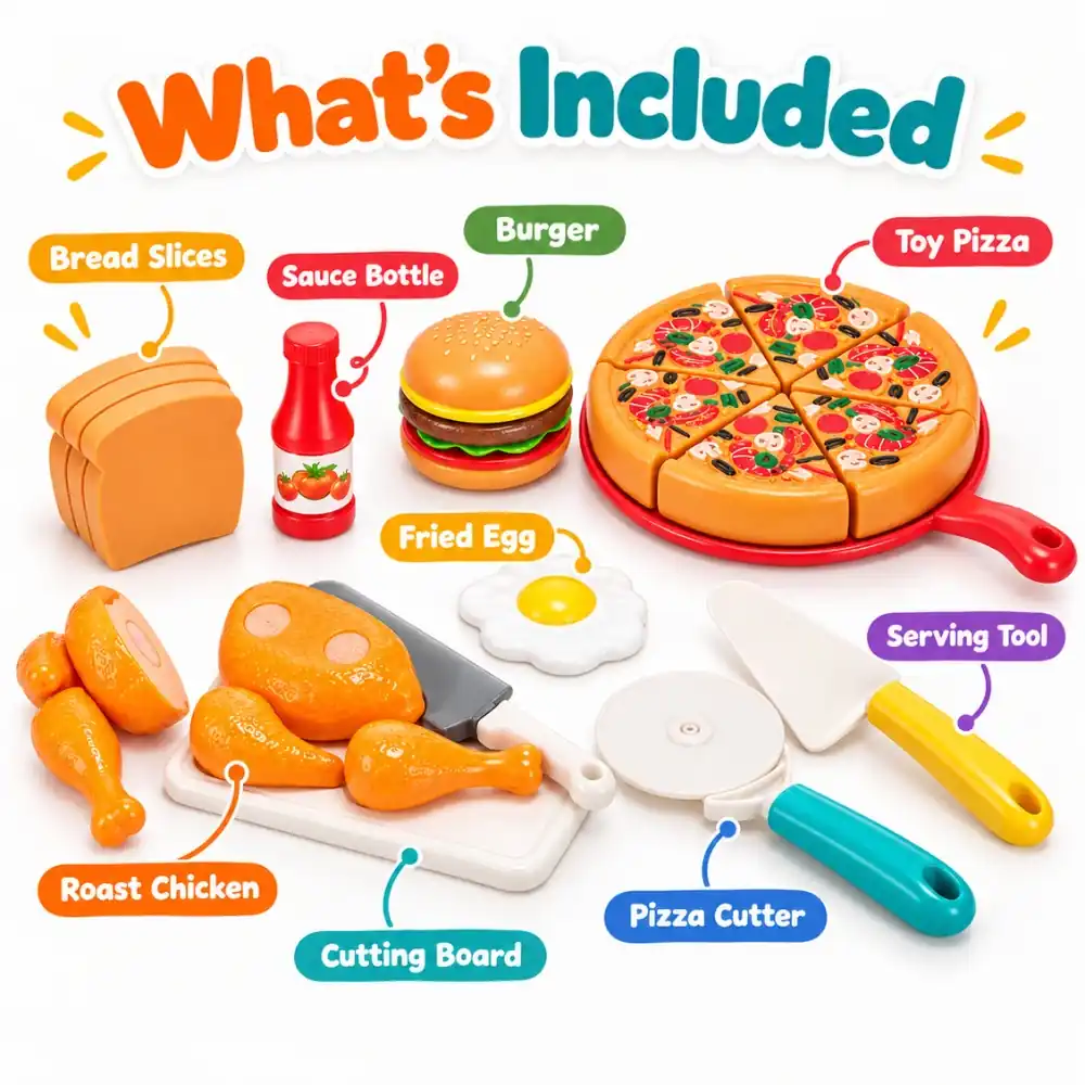 Little Angel Kids Kitchen Fun Cutting Play Food Toy Set with Pretend Knife, Plate, Chopping Board and Fast Food Pieces - BC8040 - Image 4
