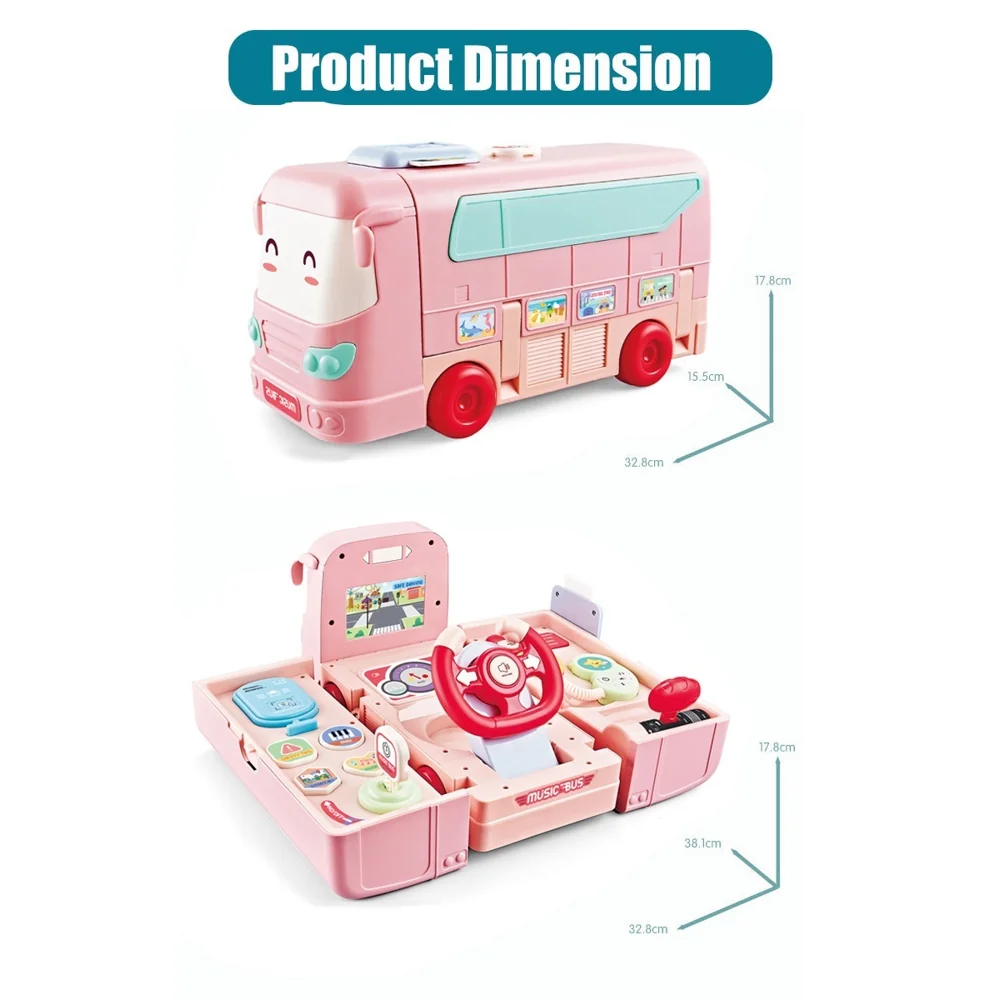 Little Angel Kids Musical Convertible School Bus Toy with Steering Wheel, Horn, Card-Swipe Activity, Lights and Sounds, Pink - N5256 - Image 3
