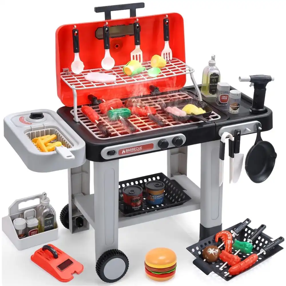 Little Angel Kids Pretend BBQ Grill Playset with Play Food, Skewers, Frying Pan, Cooking Utensils and Sauce Accessories, Red - BC9019