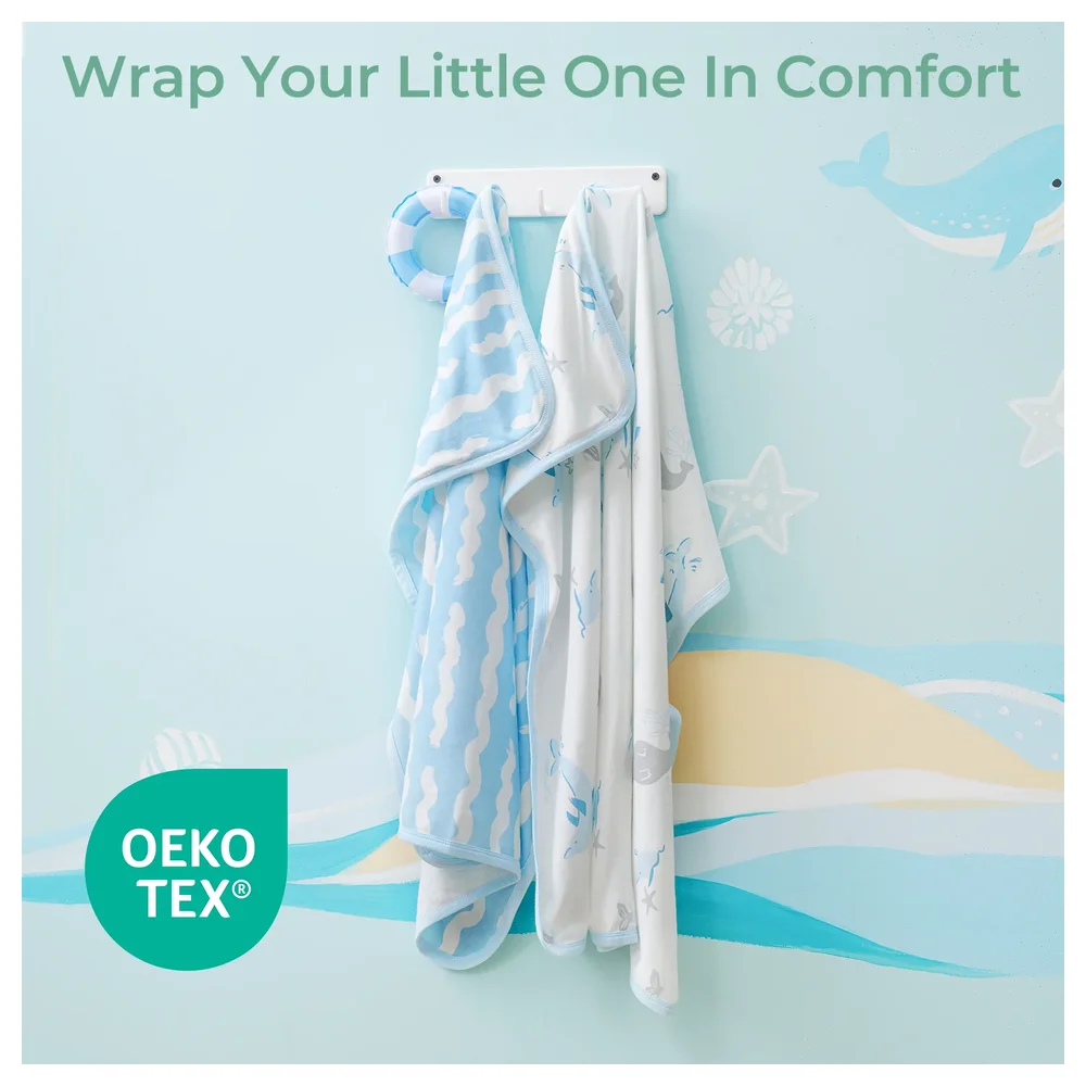Momcozy Children's Bamboo Cotton Bath Towel Pack of 2, Whale & Wave, Soft Absorbent Fabric - VD-840506428096 - Image 4