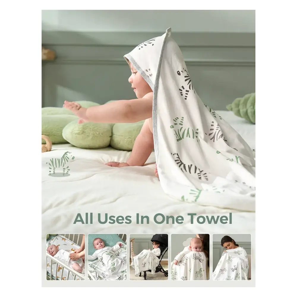 Momcozy Newborn Bamboo Cotton Bath Towels Pack of 2, Jungle Friends, Soft Absorbent Fabric - VD-840506400740 - Image 4