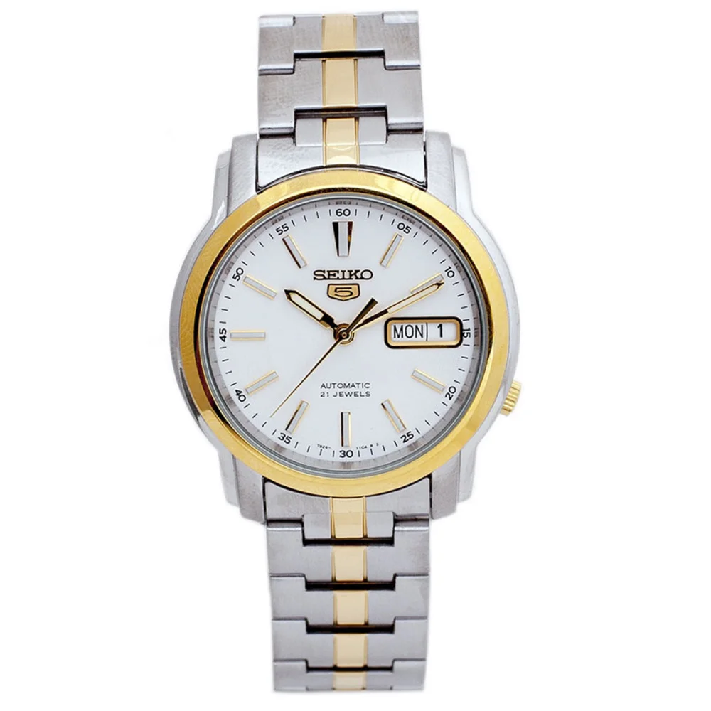 Seiko 5 Automatic Mens Watch 36mm, White Dial, Two-Tone Stainless Steel Bracelet, Day Date, 3 ATM Water Resistant, Mineral Glass, Gold & Silver - SNKL84K1 - Image 2