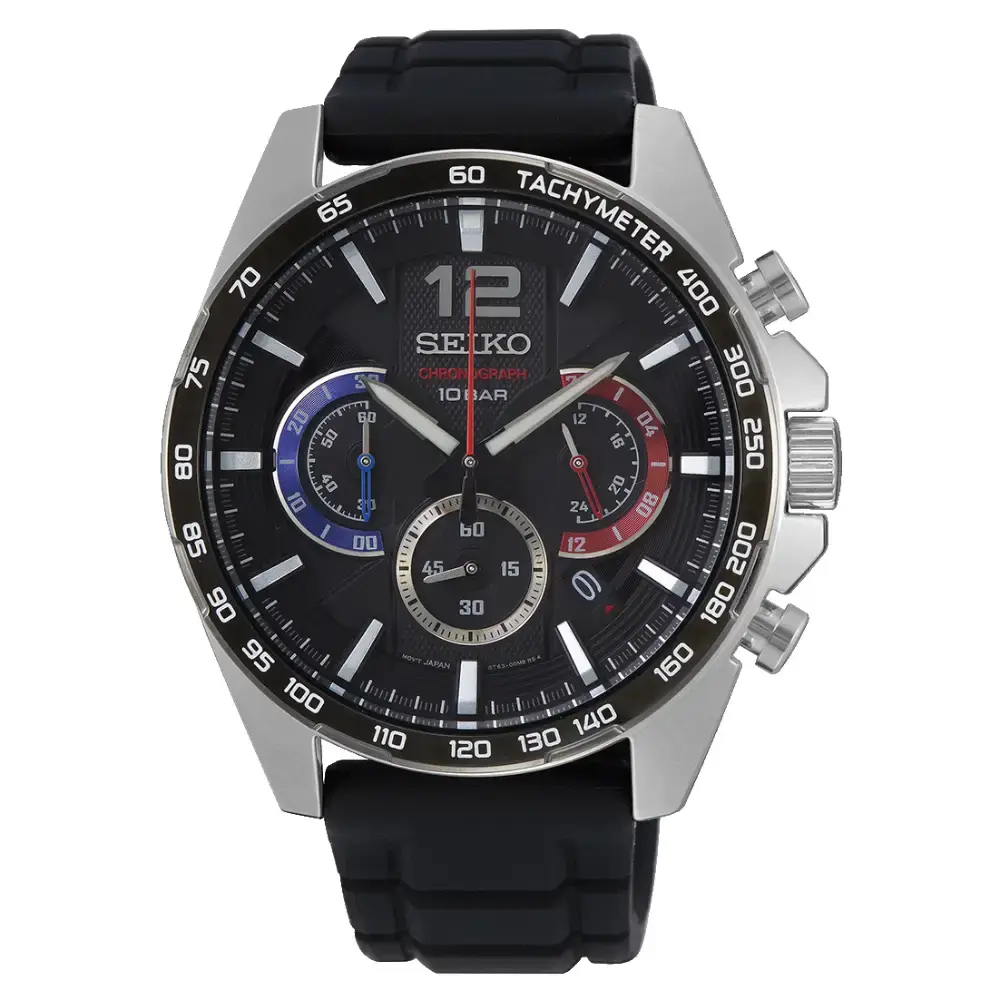 Seiko Essentials Mens Quartz Chronograph Watch 43.9mm, Black Racing Dial, Tachymeter, LumiBrite, 100M Water Resistant, Silicone Strap, Black - SSB347P1 - Image 5