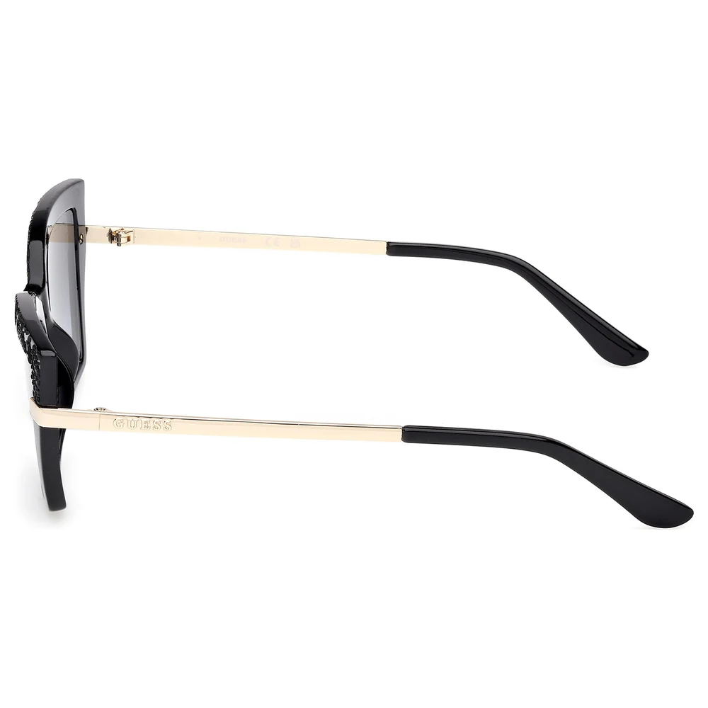 Guess Women Rectangular Sunglasses in Shiny Black with Grey Gradient Lenses, Textured Logo-Pattern Brow and Pale Gold Metal Temples - GU0021601B53 - Image 4