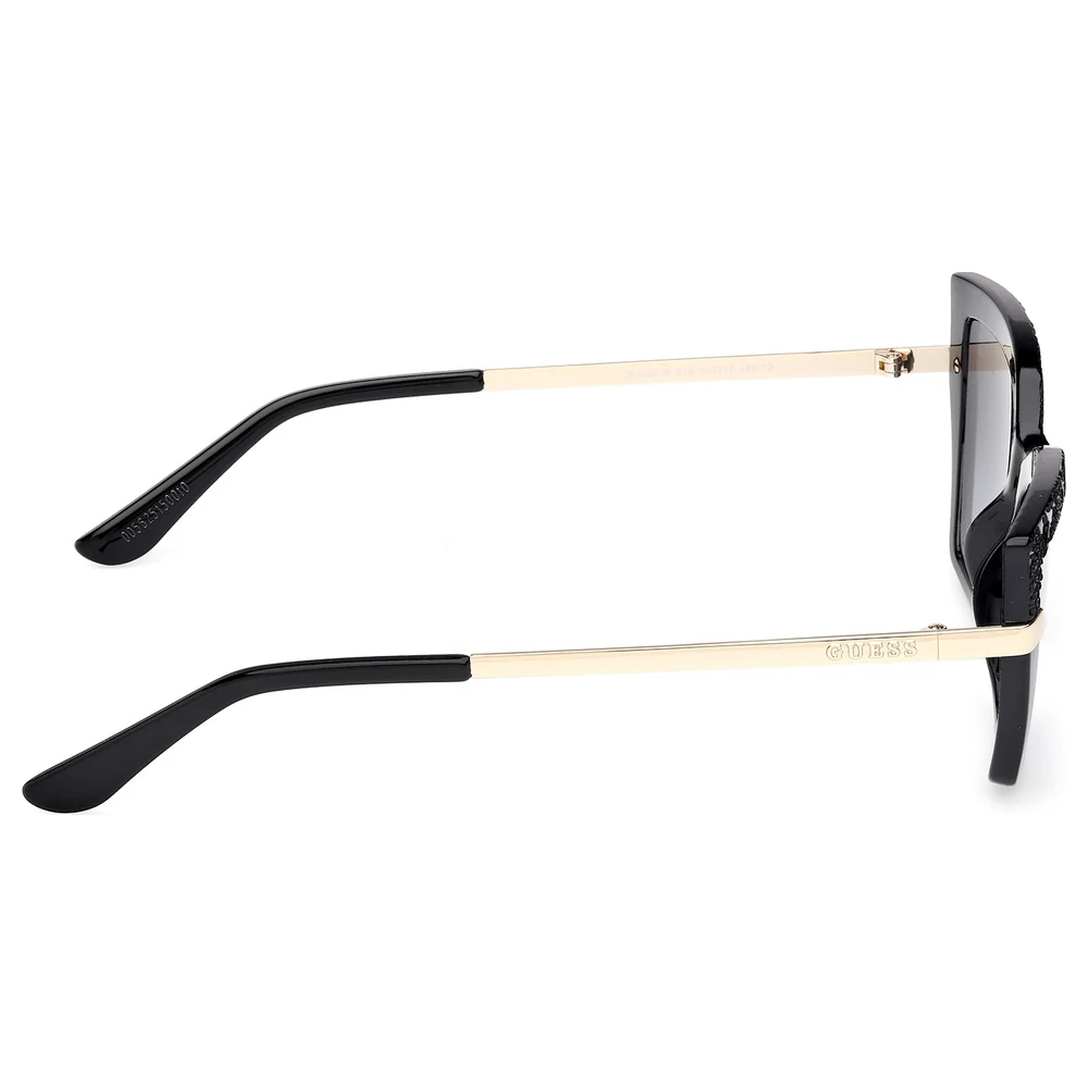 Guess Women Rectangular Sunglasses in Shiny Black with Grey Gradient Lenses, Textured Logo-Pattern Brow and Pale Gold Metal Temples - GU0021601B53 - Image 5
