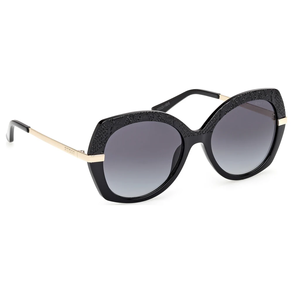 Guess Women Round Sunglasses in Shiny Black with Grey Gradient Lenses, Textured Logo-Pattern Brow and Pale Gold Metal Temples - GU0021501B55 - Image 3