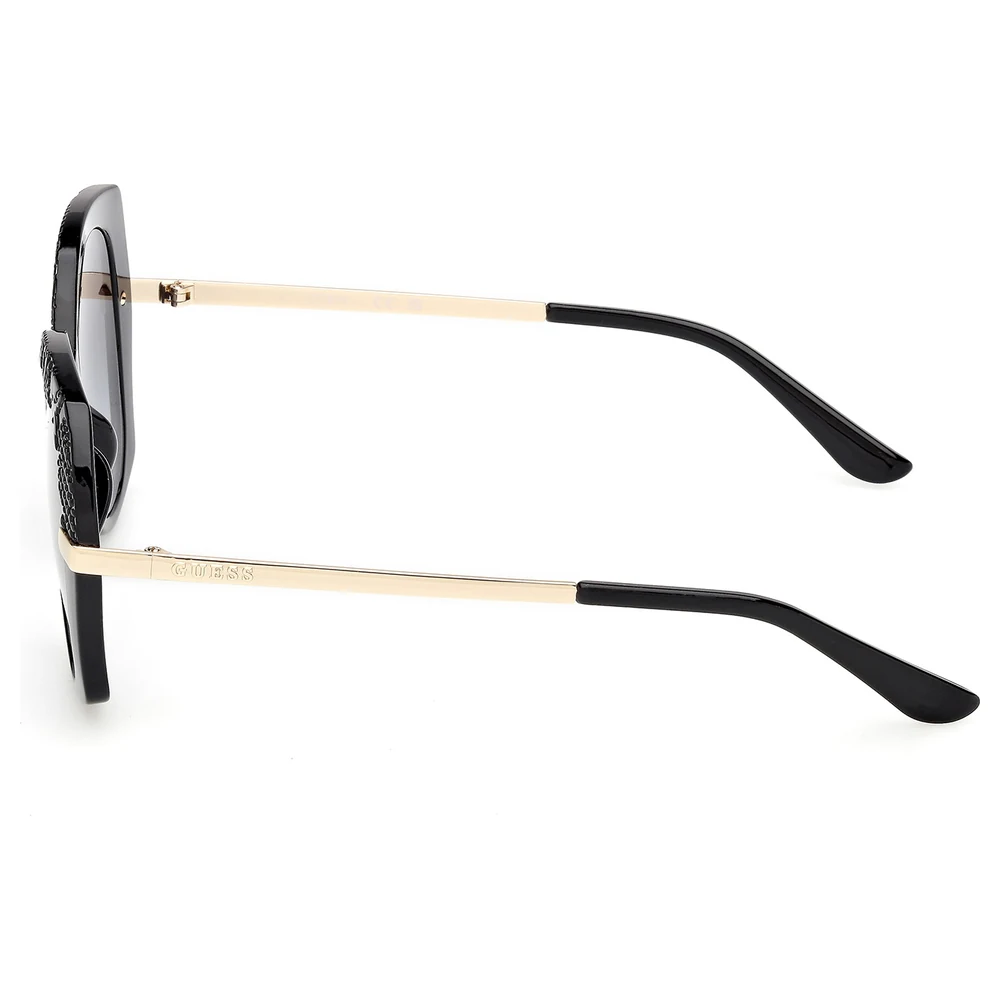Guess Women Round Sunglasses in Shiny Black with Grey Gradient Lenses, Textured Logo-Pattern Brow and Pale Gold Metal Temples - GU0021501B55 - Image 4