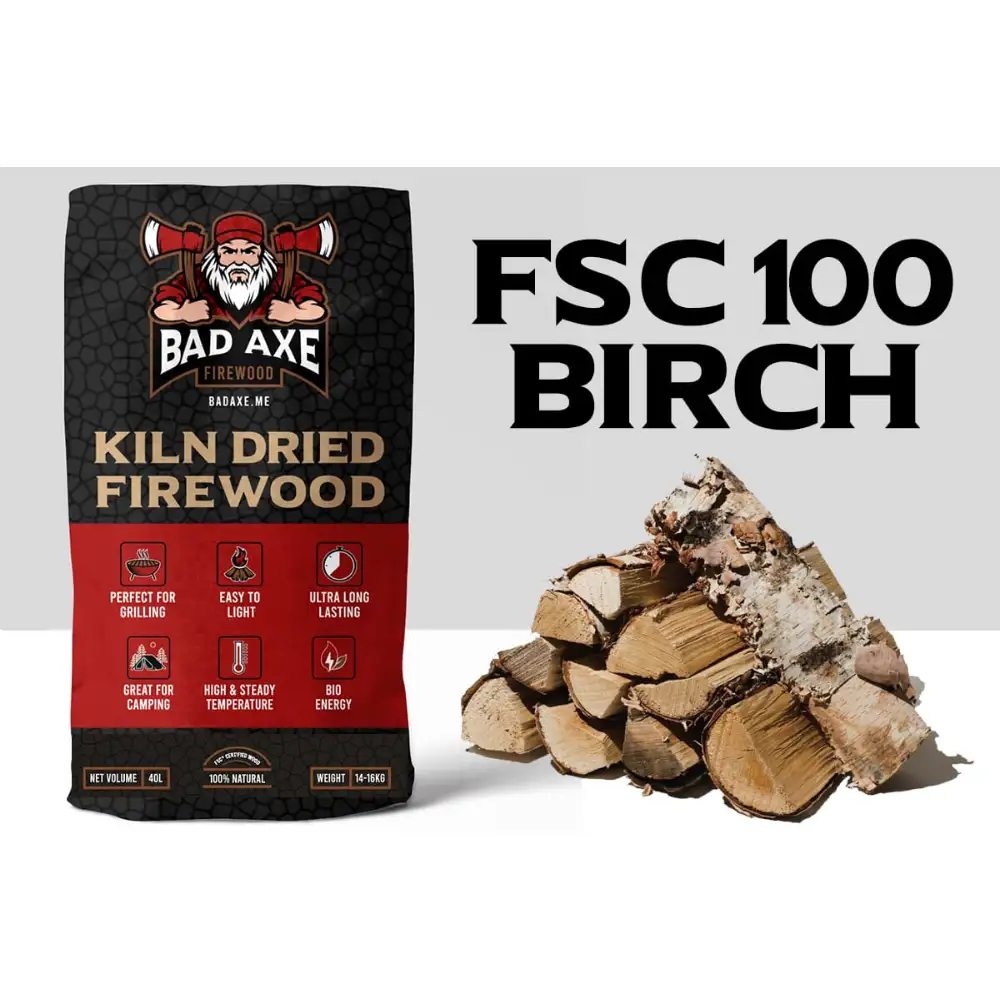 Bad Axe Birch Firewood 40L Sack Approx 15kg, Premium Clean-Burning Birch Logs, Bright Flame for Fireplace, Wood Stove & Fire Pit - BRCH40L