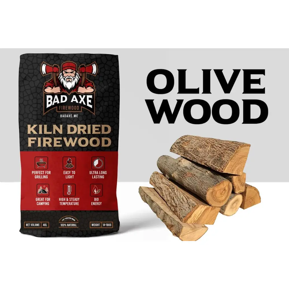 Bad Axe Olive Firewood 40L Sack Approx 15kg, Premium Clean Aromatic Burning Olive Wood Logs for Fireplace, Wood Stove & Fire Pit - OLIVE40L
