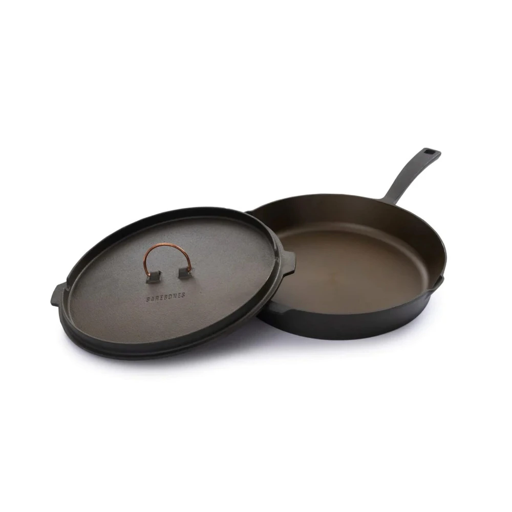 Barebones 12 Inch All in One Cast Iron Skillet with Dutch Oven Lid, Pre-Seasoned, Polished Interior, Copper Accents, Camp & Kitchen - CKW-318