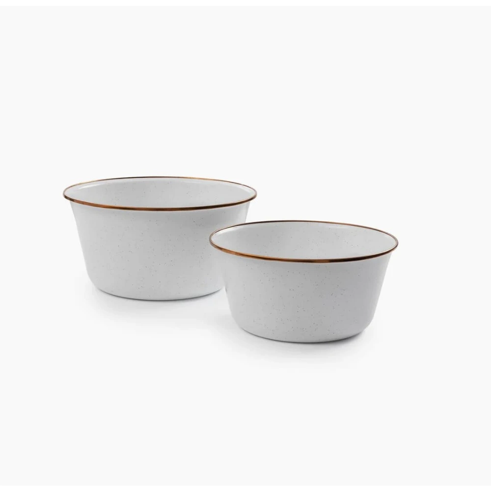 Barebones Enamel Mixing Bowl Set of 2, Speckled Enamel Steel Bowls with Bronze-Patina Stainless Rim, Stackable for Camp and Kitchen, Eggshell - CKW-397