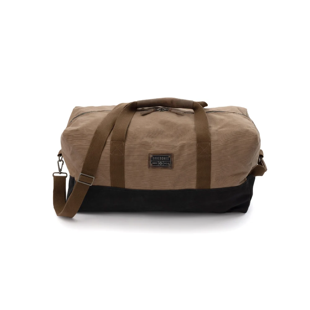 Barebones Neelum 40L Duffel Bag, 12 oz Waxed Canvas, Full-Grain Leather Handles, Water Repellent, Weekend Travel and Camp Bag, Khaki - STC-717