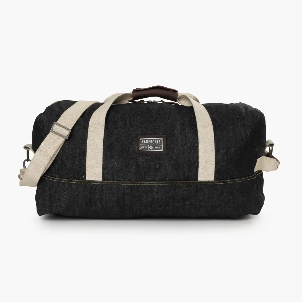 Barebones Neelum 40L Duffel Bag, Heavy-Duty 14.5 oz Denim, Full-Grain Leather Handles, Adjustable Strap, Weekend Travel Bag, Denim - STC-727
