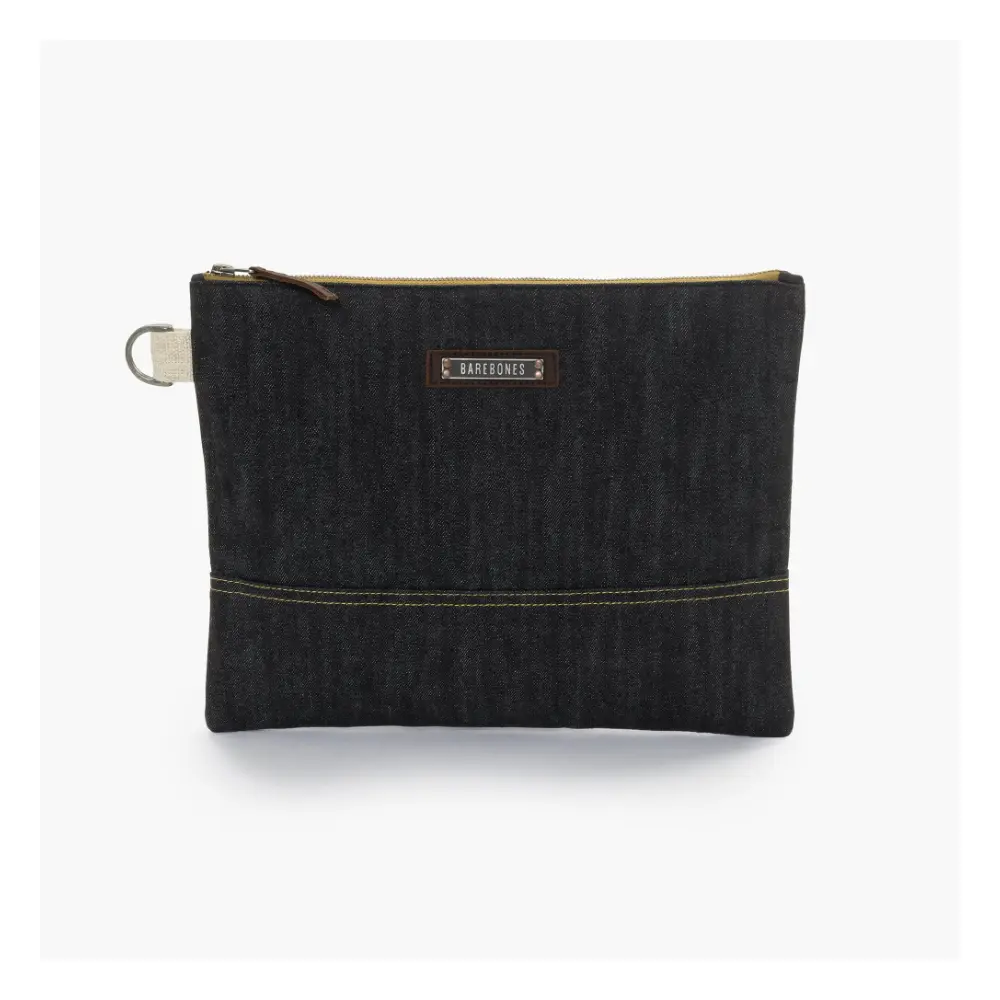 Barebones Neelum Large Zipper Pouch, 14.5 oz Waxed Denim, Full-Grain Leather Trim, Water Resistant Organiser Pouch, Denim - STC-733
