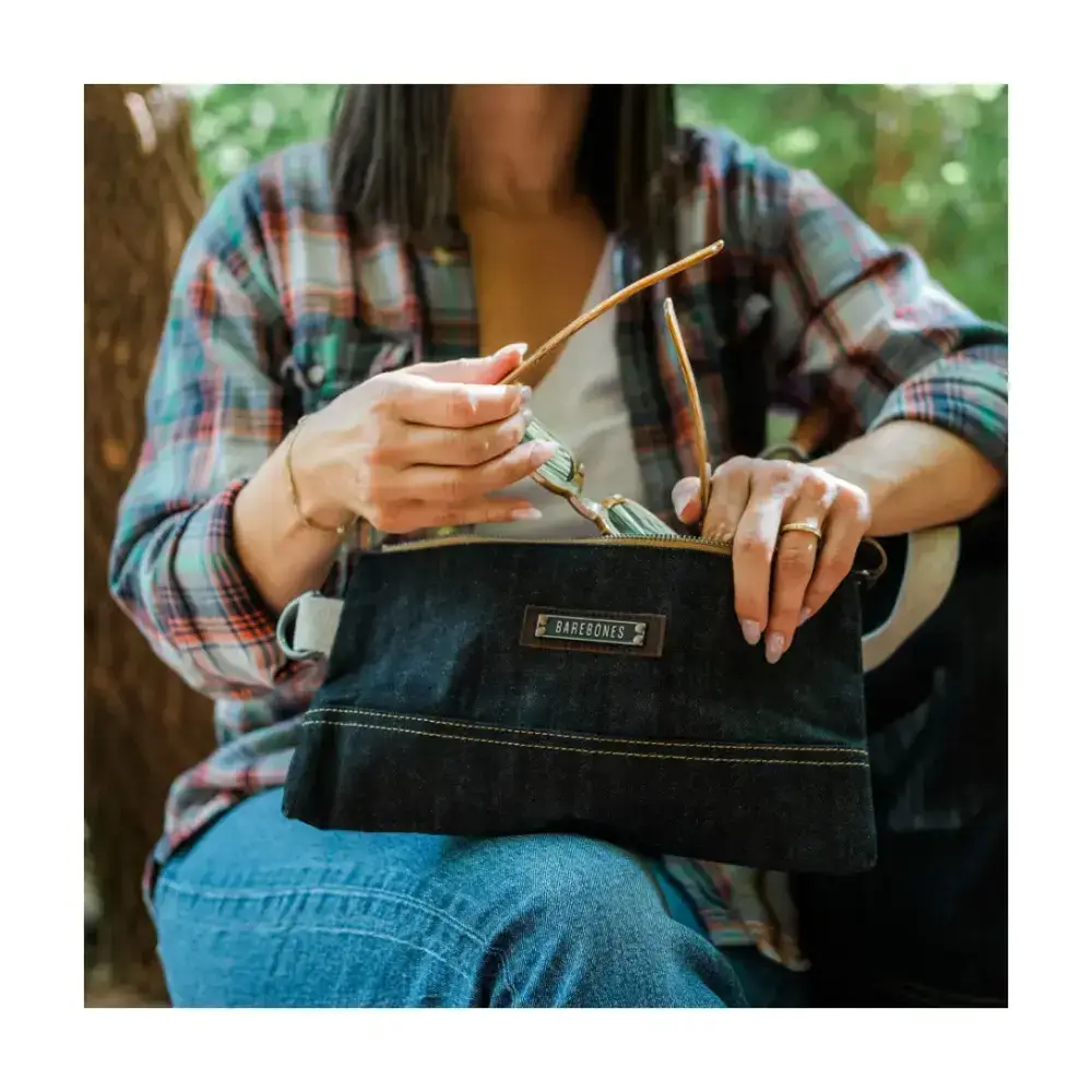 Barebones Neelum Small Zipper Pouch, 14.5 oz Waxed Denim, Full-Grain Leather Trim, Water Resistant Organiser Pouch, Denim - STC-732 - Image 4