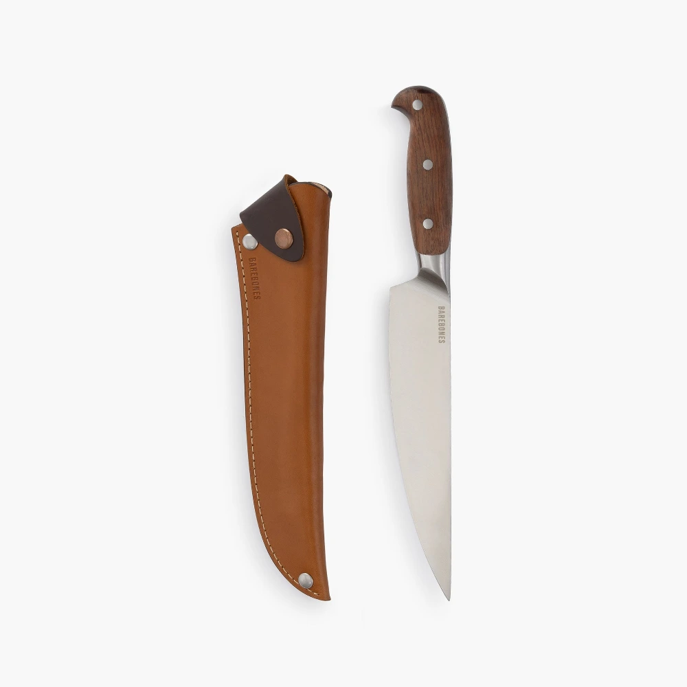 Barebones Wilderness Chef Knife, 8 Inch AUS 8 Stainless Steel Full-Tang Blade, Rosewood Handle, Leather Sheath, Outdoor & Camp Cooking - CKW-107
