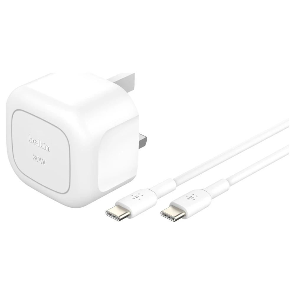Belkin BoostCharge Compact 30W USB-C PD 3.1 Wall Charger with 1m USB-C to USB-C Cable, Foldable UK Plug Pins, Fast Charging for iPhone, Galaxy and iPad, White - BL-AC-USBC-A008-30W-CBL-CC
