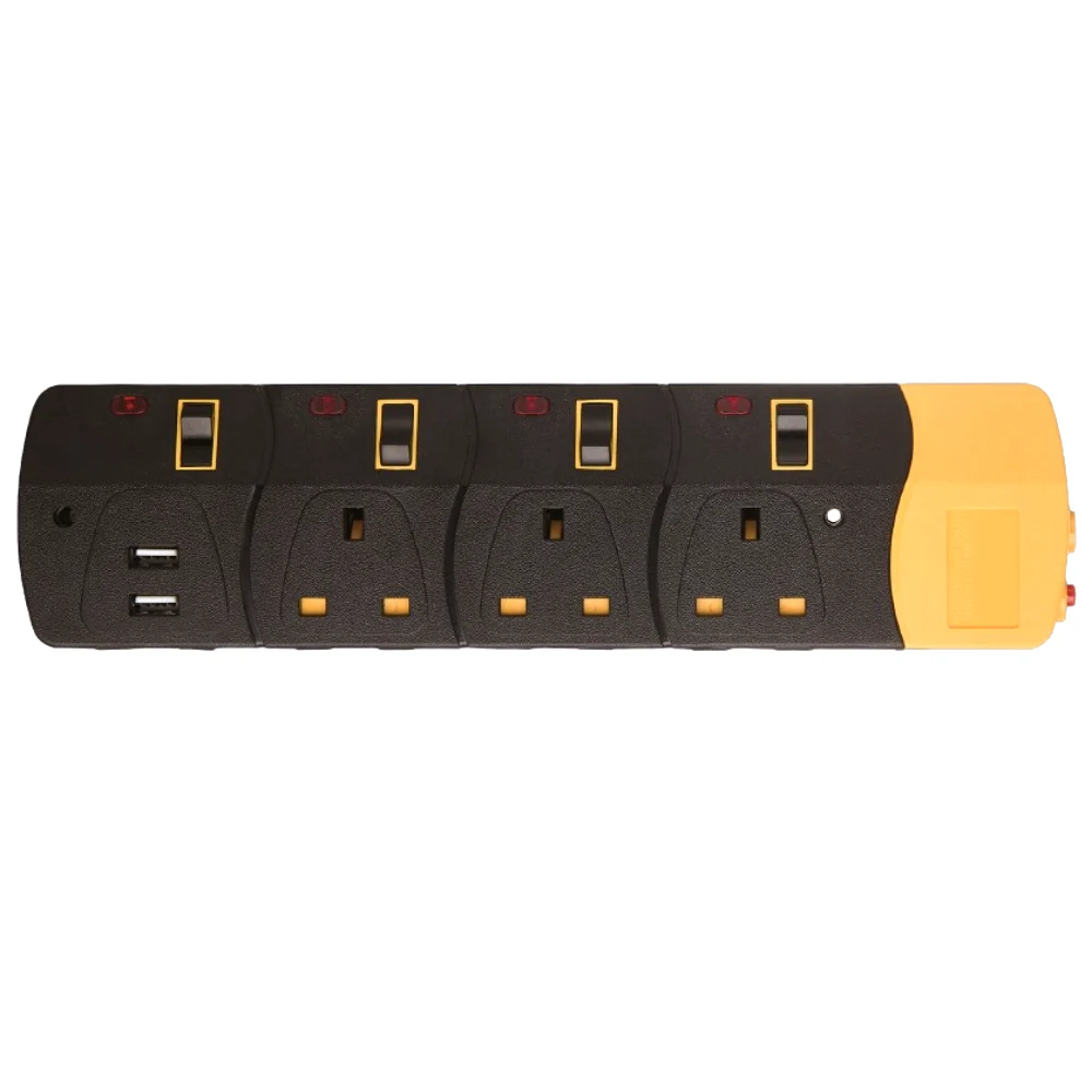 Clikon 3 Way Two USB Socket, Individual Dual Pole Switches, 3 Meter Cable, Extension Socket, Multiple Power Outlets, USB Charging, Individual Switch Control, Black and Yellow - CK583