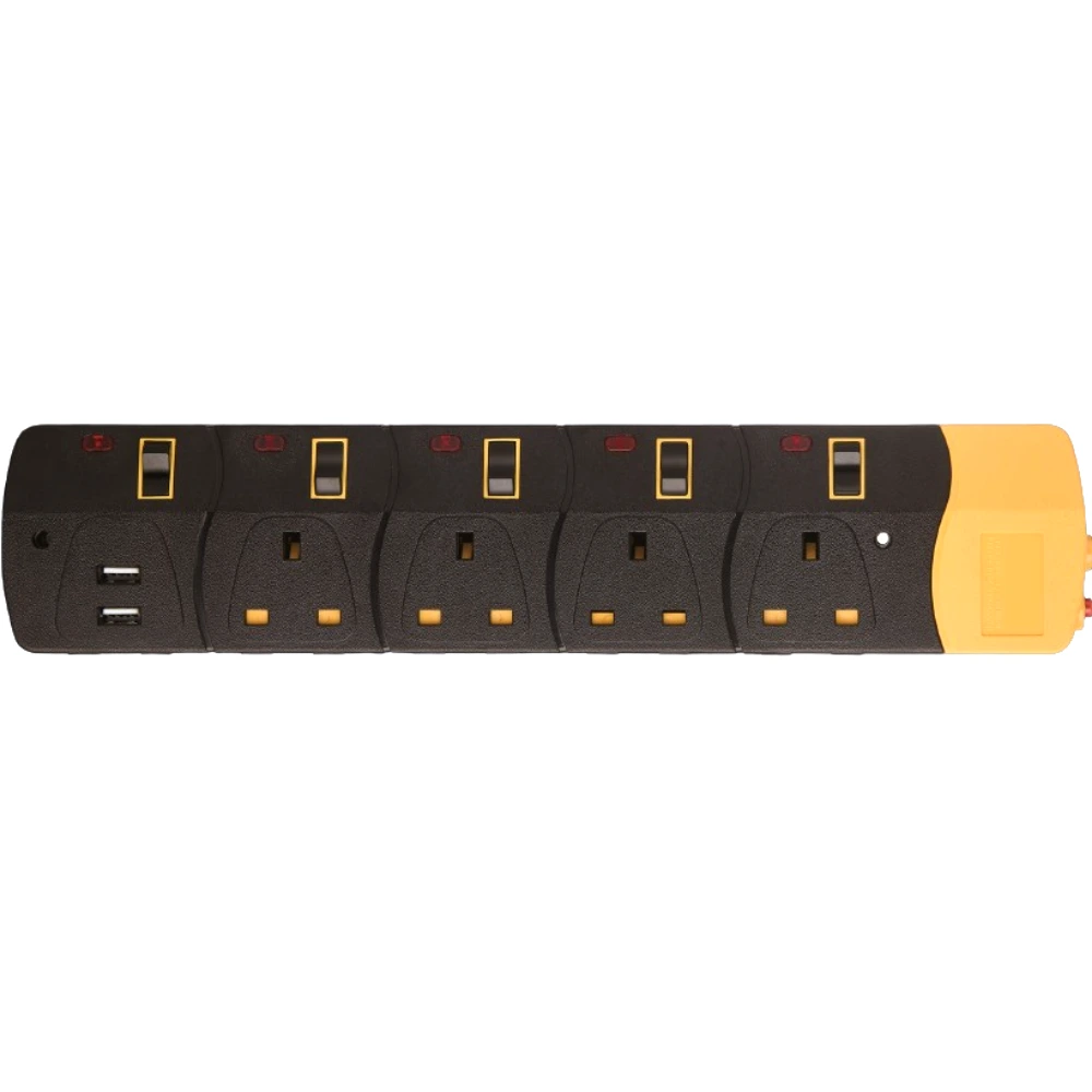 Clikon 4 Way Two USB Socket, Individual Dual Pole Switches, 3 Meter Cable, Extension Socket, Multiple Power Outlets, USB Charging, Individual Switch Control, Black and Yellow - CK584