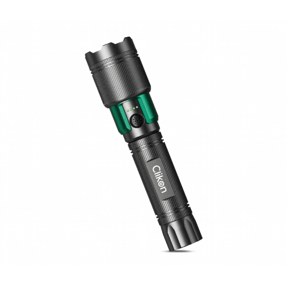 Clikon Zoom In Zoom Out Rechargeable Flashlight, 600 Lumens, 2200mAh Battery, Multiple Lighting Modes, USB Charging, Durable ABS Body, Compact Design, Black and Green - CK8036