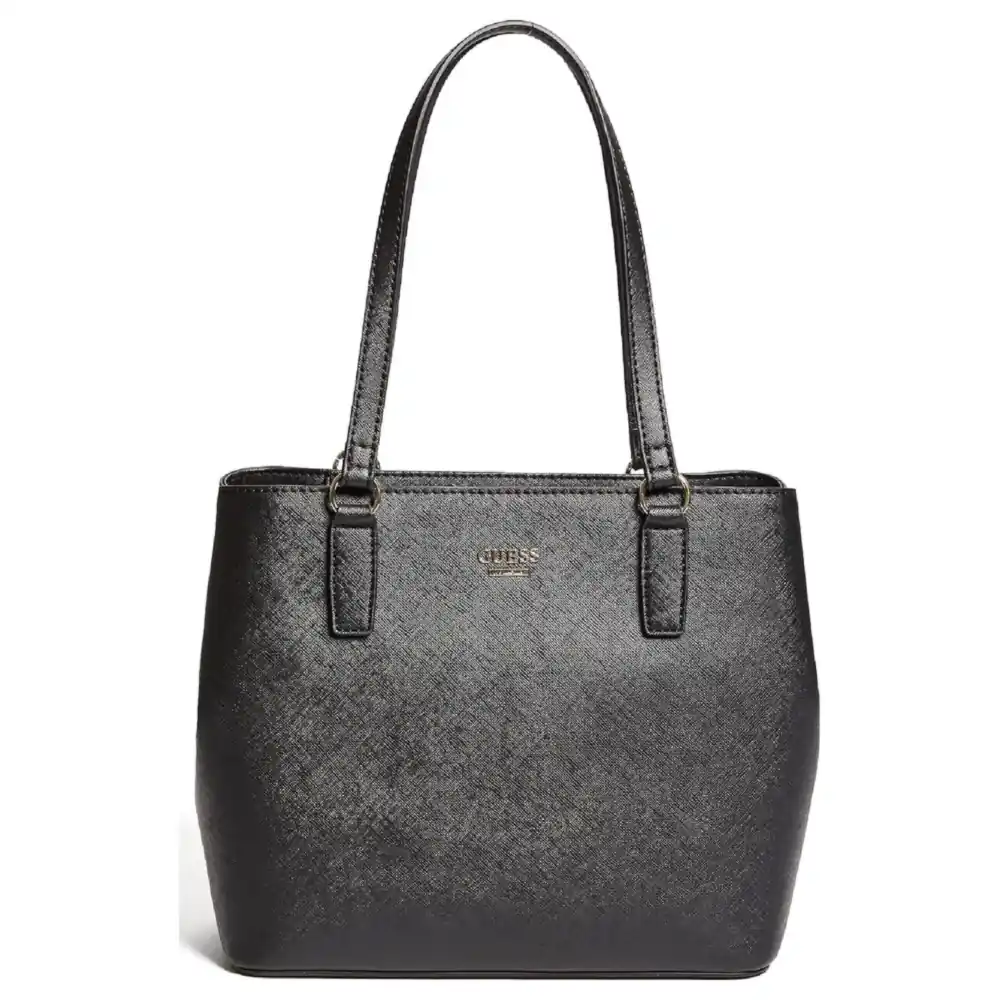 GUESS Ashlee Women's Saffiano Faux-Leather Tote Bag in Black with Pale Gold-Tone Hardware, Zip Closure and Logo-Print Lining